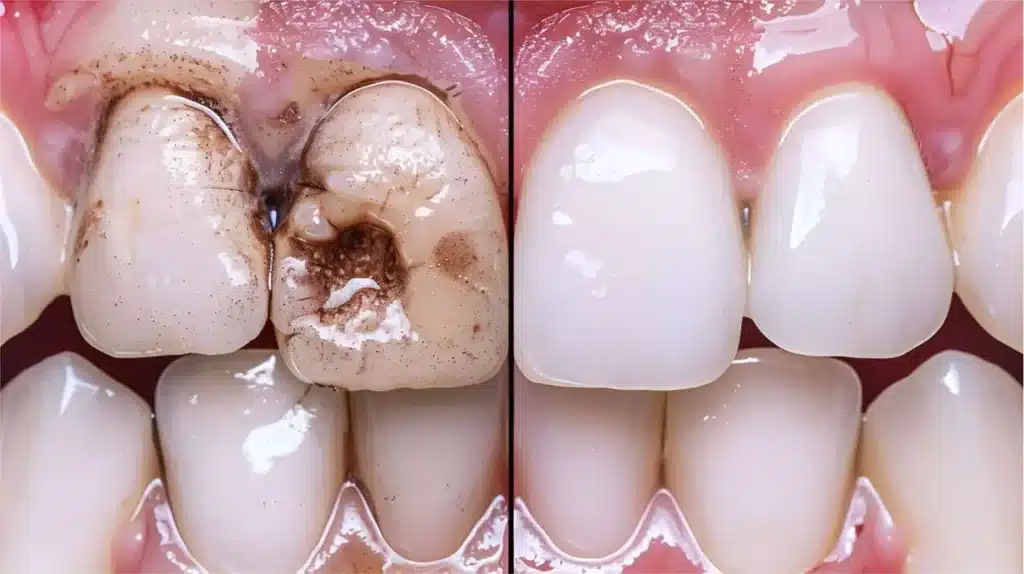 before after tratament carie dentară prin odontoterapie la MedPrime Cluj-Napoca